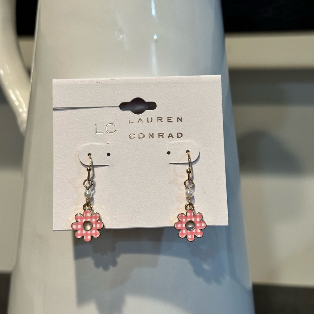LC Lauren Conrad Pink Gingham Flower Dangle Earrings